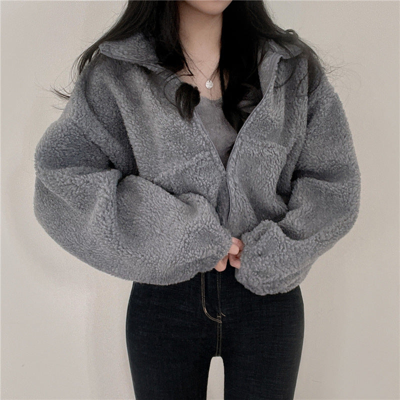 Damen kuschelige Fleece-Jacke mit hohem Kragen und Reißverschluss Drune