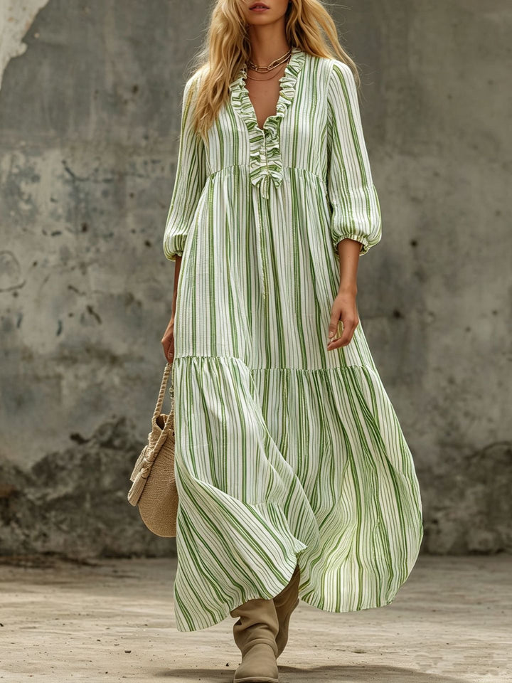 Damen Maxikleid mit Rüschen-V-Ausschnitt und Ballonärmeln Drune