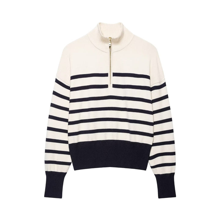 Damen Gestreifter Feinstrick-Pullover mit Stehkragen und Halbzip Drune