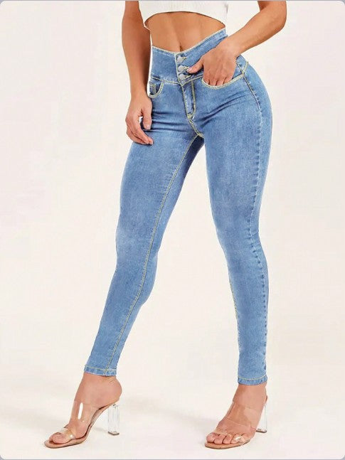 Damen High-Waist Sculpting-Skinny-Jeans mit taillenbildendem V-Bund und Doppelknopfverschluss Drune