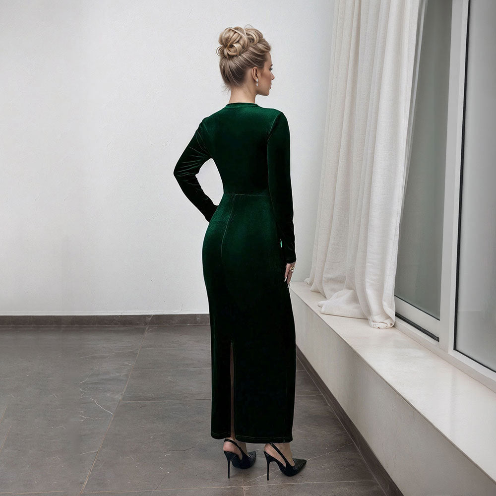 Damen elegantes Maxikleid mit langem Arm und drapiertem Design Drune
