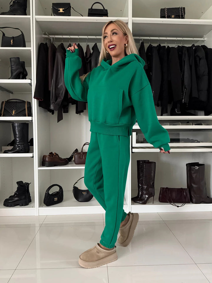 Damen Kurzgeschnittenes Kapuzen-Hoodie und High‑Waist Jogginghose Set aus weichem French-Terry Drune