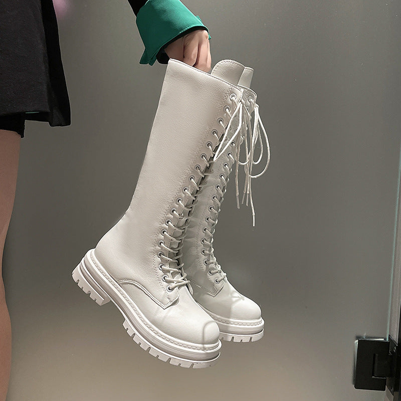 Damen Kniehohe Schnürstiefel mit seitlichem Reißverschluss und grober Profilsohle Drune