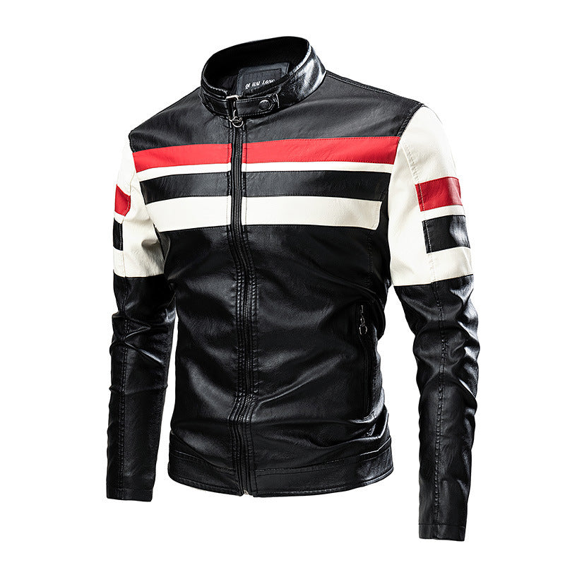 Herren Motorrad-Lederjacke im Retro-Racing-Look mit Kontraststreifen und Stehkragen Drune