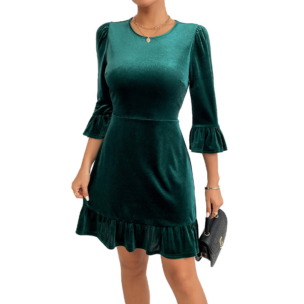 Damen Samt-Minikleid mit taillierter Korsagenlinie, gerafften Volantärmeln und stufigem Saum Drune