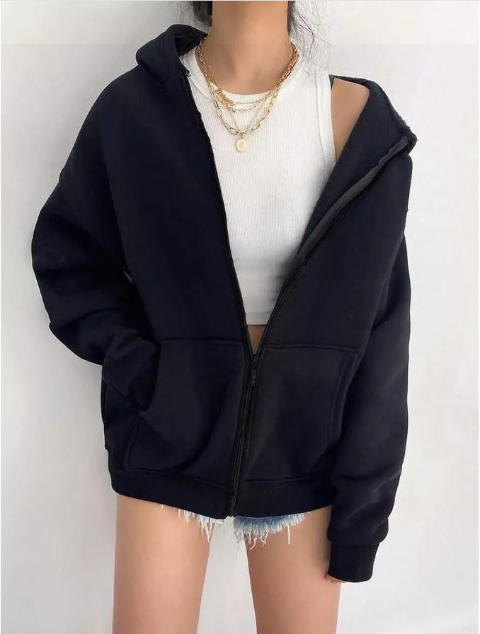 Damen nan minimalistisches French-Terry Zip-Hoodie mit durchgehendem Reißverschluss, Kängurutasche und Daumenloch-Ärmeln Drune