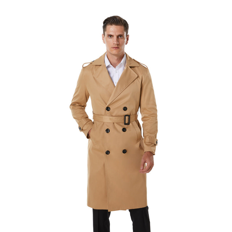 Herren Knielanger Trenchcoat im klassischen Doppelreiher mit Schulterklappen und Taillengürtel Drune