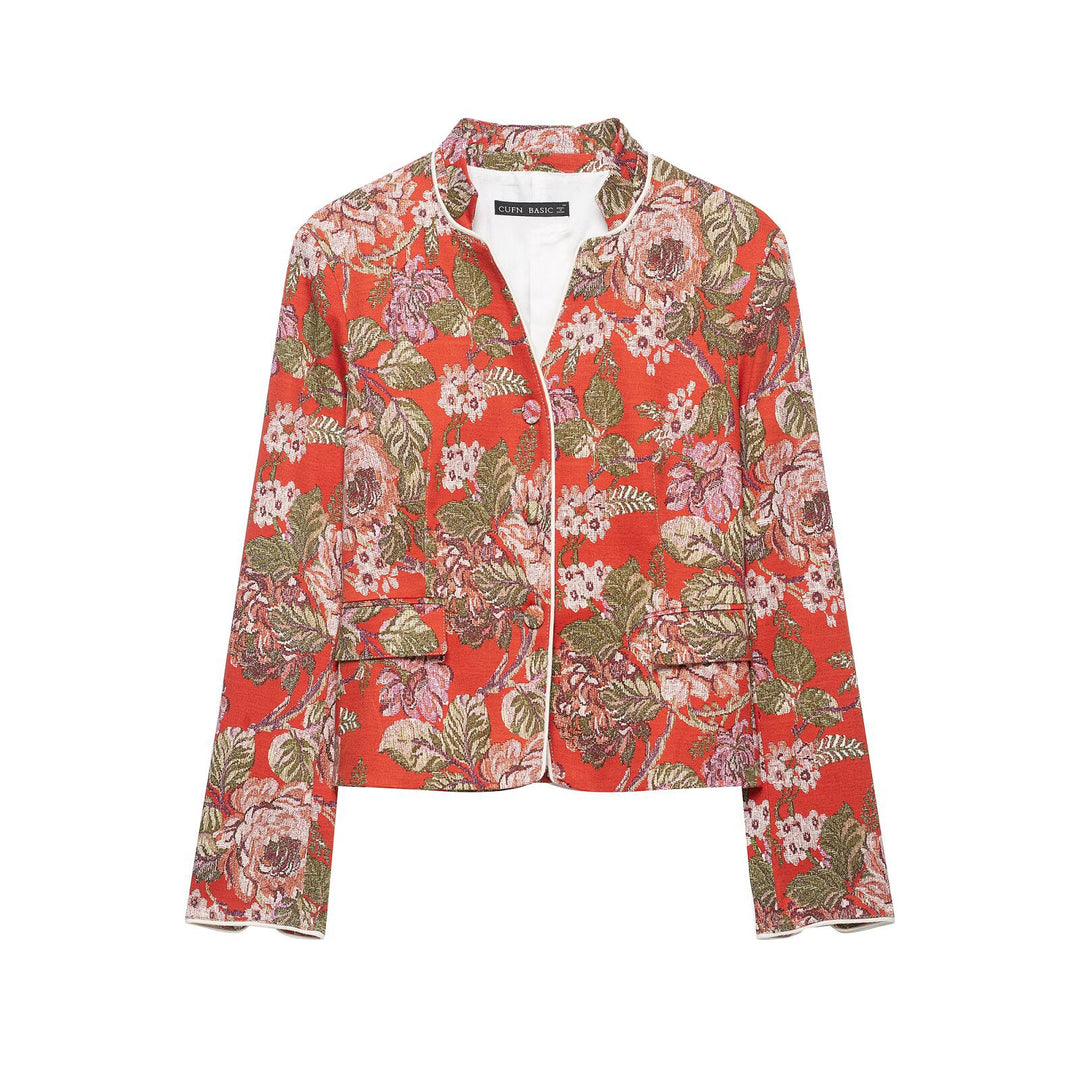 Damen floral gewebte Jacquard‑Bouclé Kurzjacke mit Stehkragen Drune