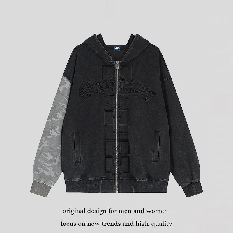 Unisex Oversize-Kapuzen-Zipjacke mit Camouflage-Ärmel, Washed‑Effekt und erhabener Frontstickerei Drune