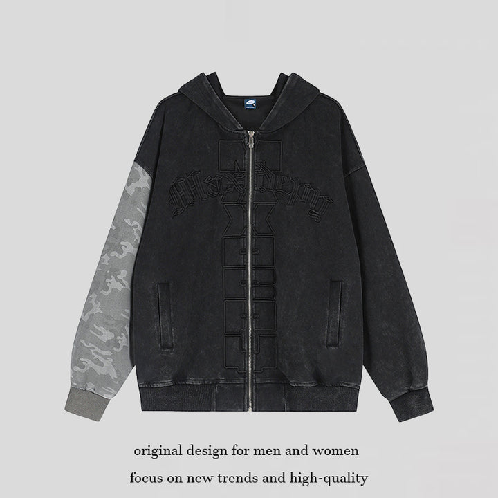 Unisex Oversize-Kapuzen-Zipjacke mit Camouflage-Ärmel, Washed‑Effekt und erhabener Frontstickerei Drune
