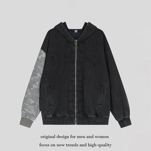 Unisex Oversize-Kapuzen-Zipjacke mit Camouflage-Ärmel, Washed‑Effekt und erhabener Frontstickerei Drune