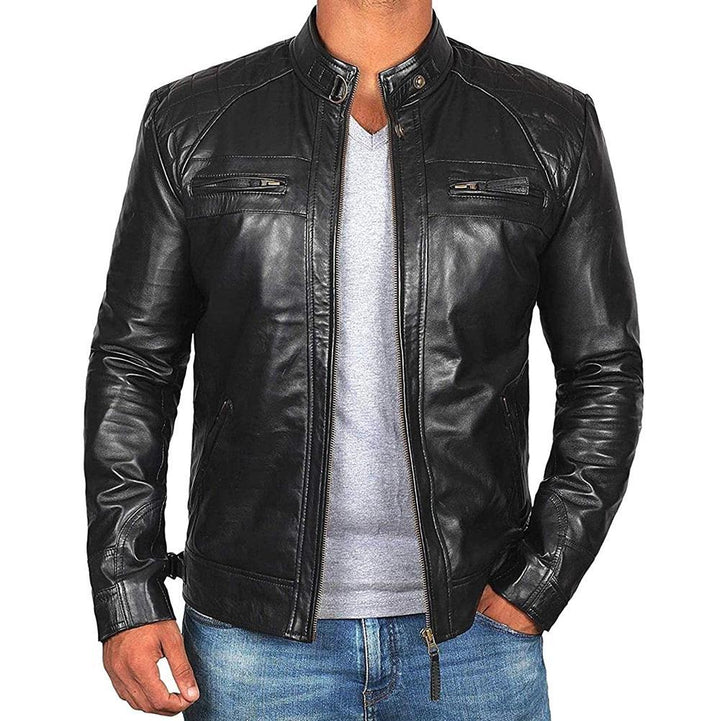 Herren Lederjacke Bikerstil aus echtem Leder mit Stehkragen und Zipper-Taschen Drune