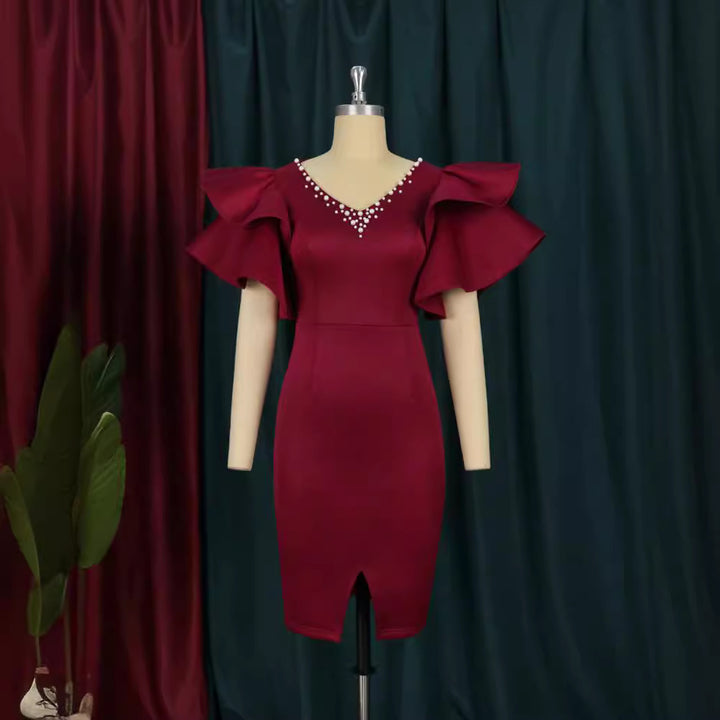 Damen figurbetontes Midi-Kleid mit voluminösen Rüschensäumen und Glitzerakzenten Drune
