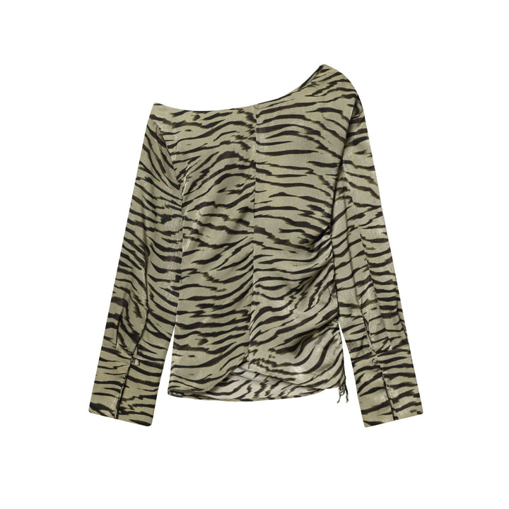Damen nan drapiertes Langarmtop mit Wasserfallkragen, seitlicher Raffung und Tunnelzug Drune
