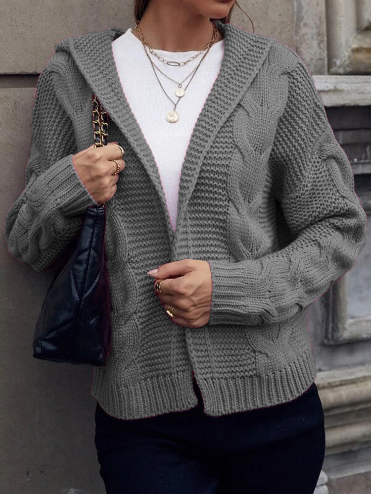 Damen Grobstrickjacke mit Kapuze und Zopfmuster Drune