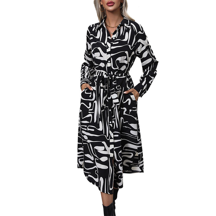 Damen Midikleid im Hemdblusenstil mit grafischem Print, Bindegürtel und Seitenschlitzen Drune