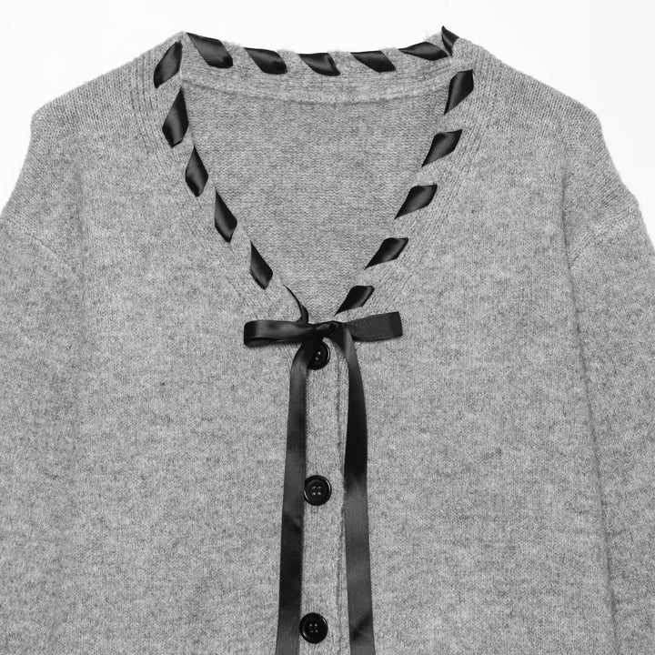 Damen Feinstrick-Cardigan mit V‑Ausschnitt und Satinbandeinfassung Drune