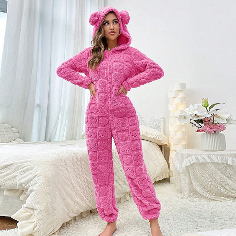 Damen Gemütlicher Fleece-Overall mit Kapuze Drune