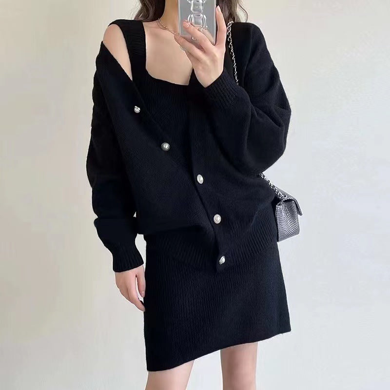 Damen Langstrickkleid mit tiefem V-Ausschnitt und lässiger Knopfleiste Drune