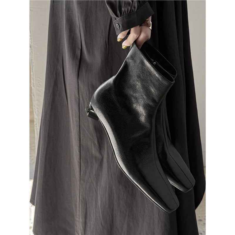 Damen Elegante Leder‑Ankle‑Boots mit quadratischer Zehenform, kurzem Sculpted‑Absatz und Innenreißverschluss Drune