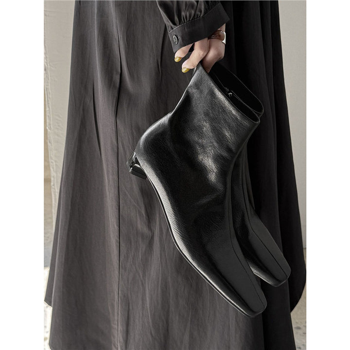 Damen Elegante Leder‑Ankle‑Boots mit quadratischer Zehenform, kurzem Sculpted‑Absatz und Innenreißverschluss Drune