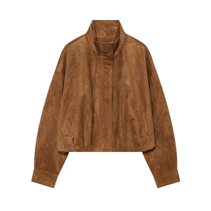 Damen Kurz geschnittene Oversize-Suede-Blousonjacke mit Stehkragen Drune