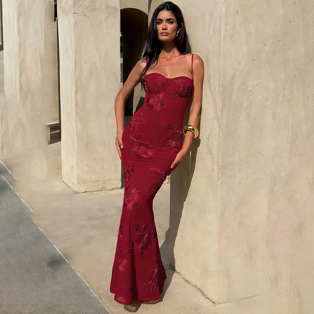 Damen Elegantes Bodenkonturierendes Maxikleid mit Spaghettiträgern und floralem Design Drune
