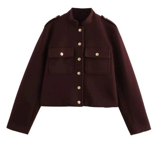 Damen 300+ Boxy Kurzjacke aus Wollmix mit Pattentaschen und goldenen Druckknöpfen Drune