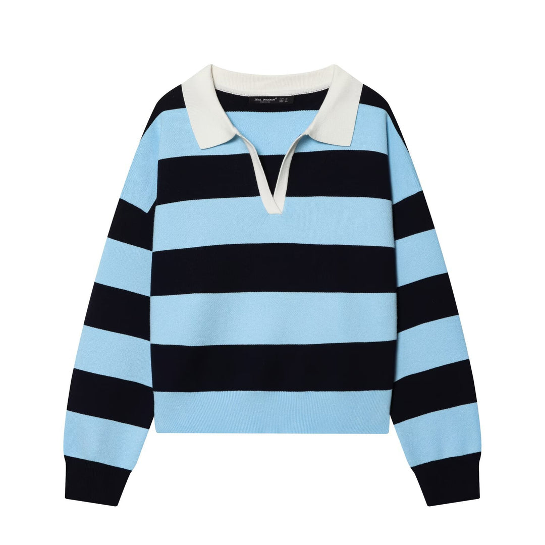 Damen Gestreifter Rugby-Pullover mit Polokragen und V-Ausschnitt Drune