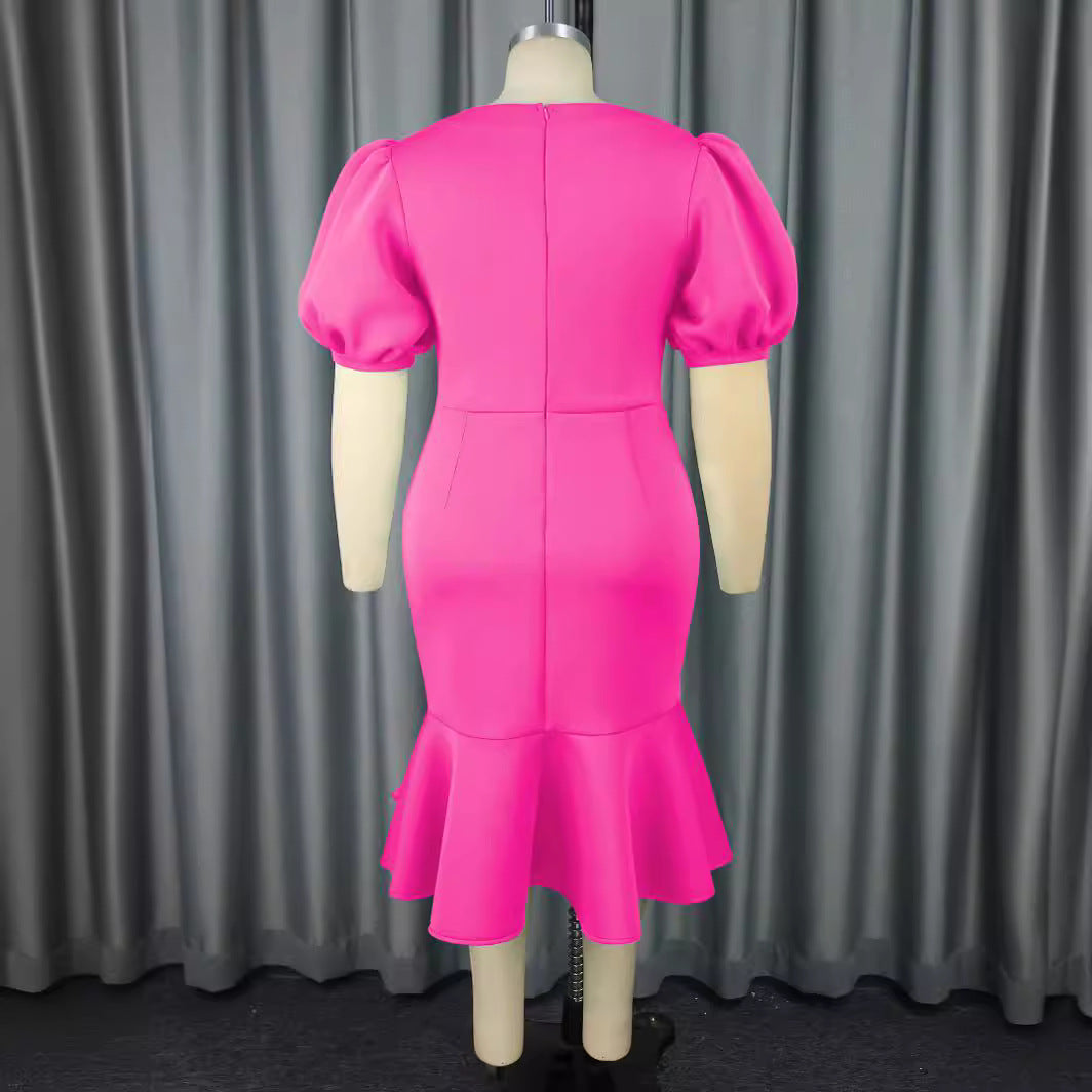 Damen figurbetontes Kleid mit voluminösen Puffärmeln und Rüschenabschluss Drune