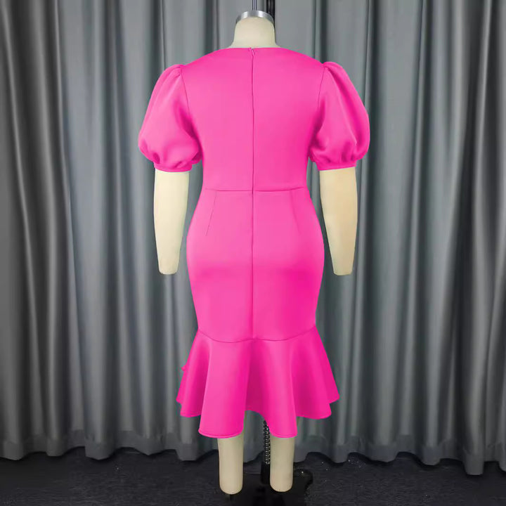 Damen figurbetontes Kleid mit voluminösen Puffärmeln und Rüschenabschluss Drune