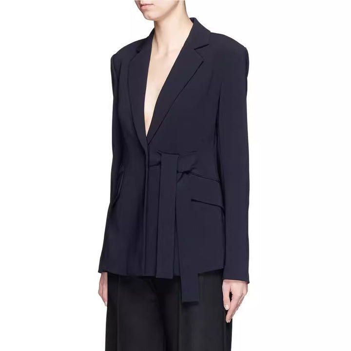 Damen Schalkragen-Wickelblazer mit seitlicher Knotenbindung und Pattentaschen Drune