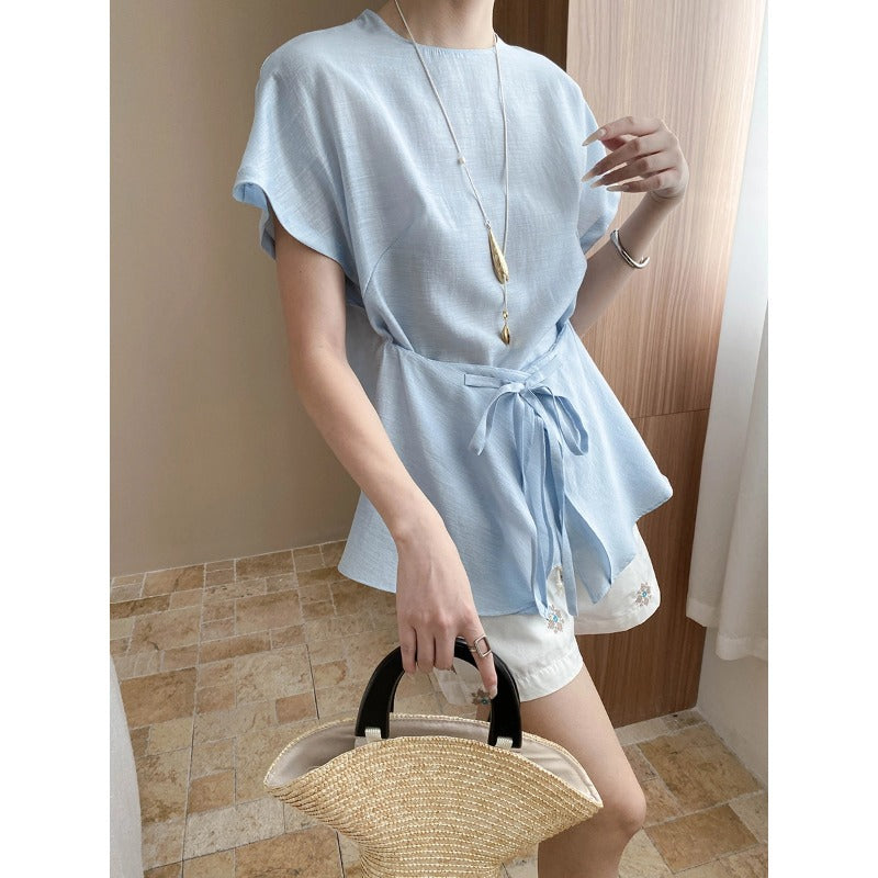 Damen elegantes Oberteil mit seitlichem Bindegürtel und voluminösen Ärmeln Drune