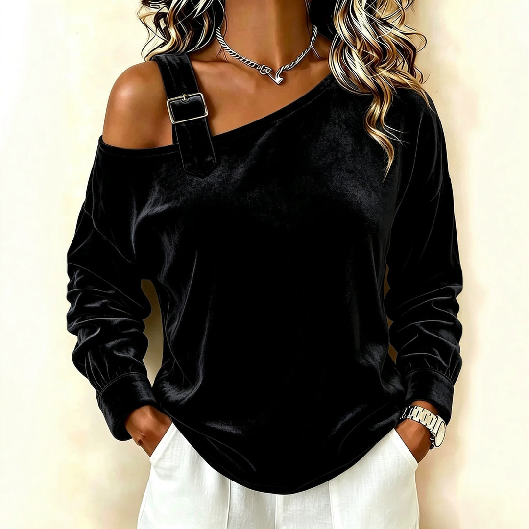 Damen Samt-Sweatshirt mit asymmetrischem Carmen-Ausschnitt und Zierschnalle Drune