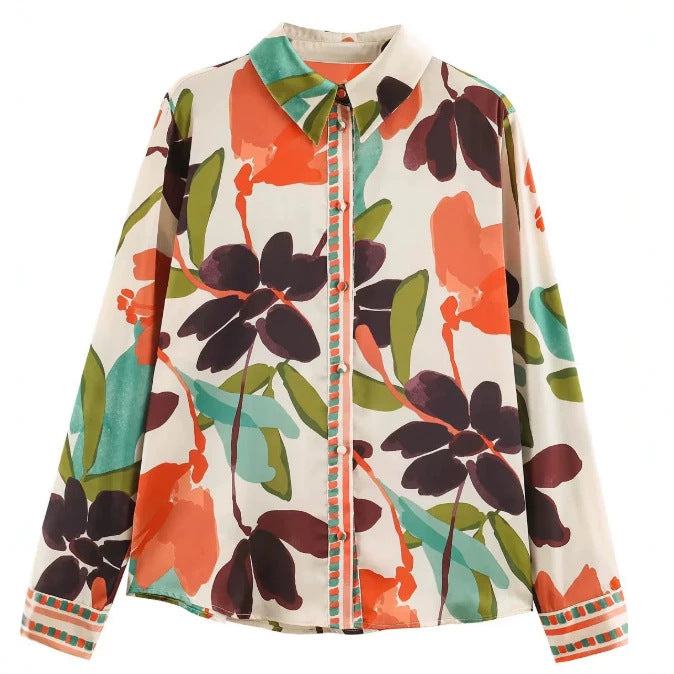 Damen Seidenähnliche Hemdbluse mit abstraktem Blumenprint und Zierpaspel Drune