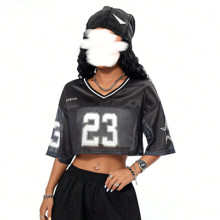 Damen sportliches Crop-Top aus atmungsaktivem Mesh-Material mit Nummer CD-Drune
