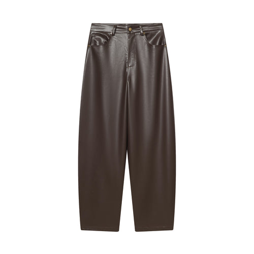 Damen nan weite Highwaist Cropped-Lederhose mit Five‑Pocket und geradem Bein Drune