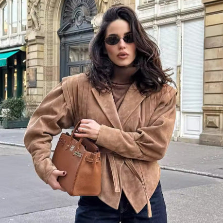 Damen trendige taillierte Blazerjacke mit strukturierten Schultern Drune