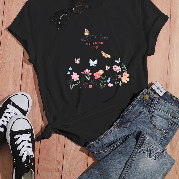 Damen T-Shirt mit verspieltem Blumendruck und elegantem Aufdruck Drune