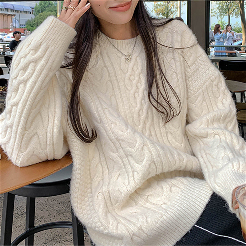 Damen Grobstrickpullover mit Zopfmuster und weitem Schnitt Drune