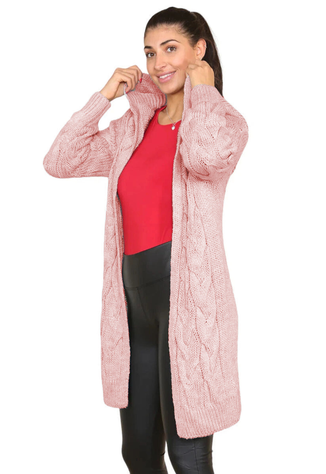 Damen Grobstrick Hoodie-Mantel mit Zopfdesign und tiefen Taschen Drune