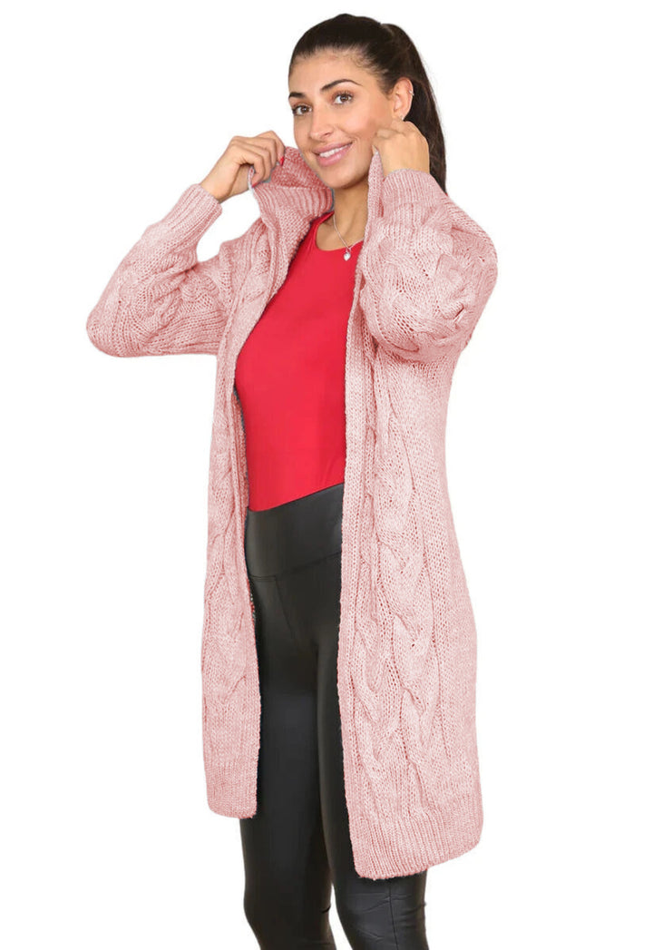 Damen Grobstrick Hoodie-Mantel mit Zopfdesign und tiefen Taschen Drune
