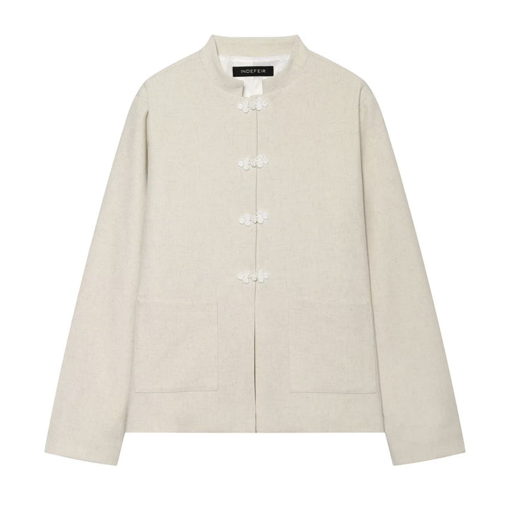 Damen Boxy-Cropped Leinenjacke mit Stehkragen und Froschverschlüssen Drune