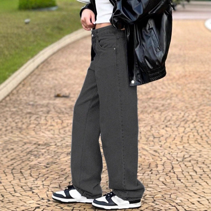 Damen hochgeschnittene locker sitzende Jeans mit weitem Bein und asymmetrischer Knopfleiste Drune