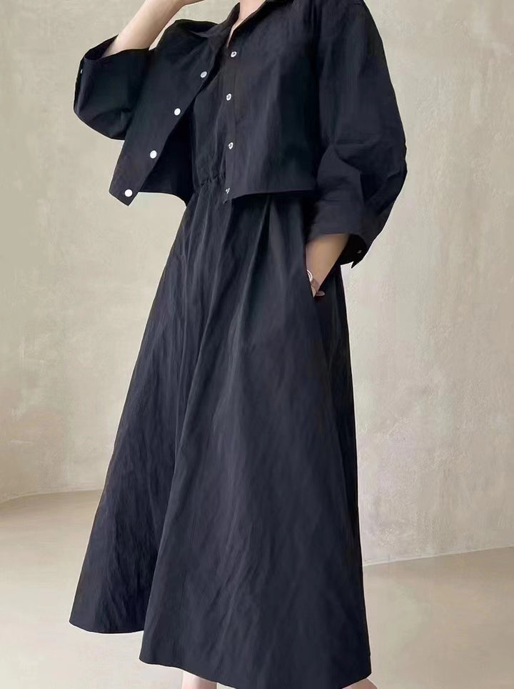 Damen Boxy-Cropped-Hemdjacke und High‑Waist A‑Linien‑Midirock Set aus Crinkle‑Baumwollmix Drune
