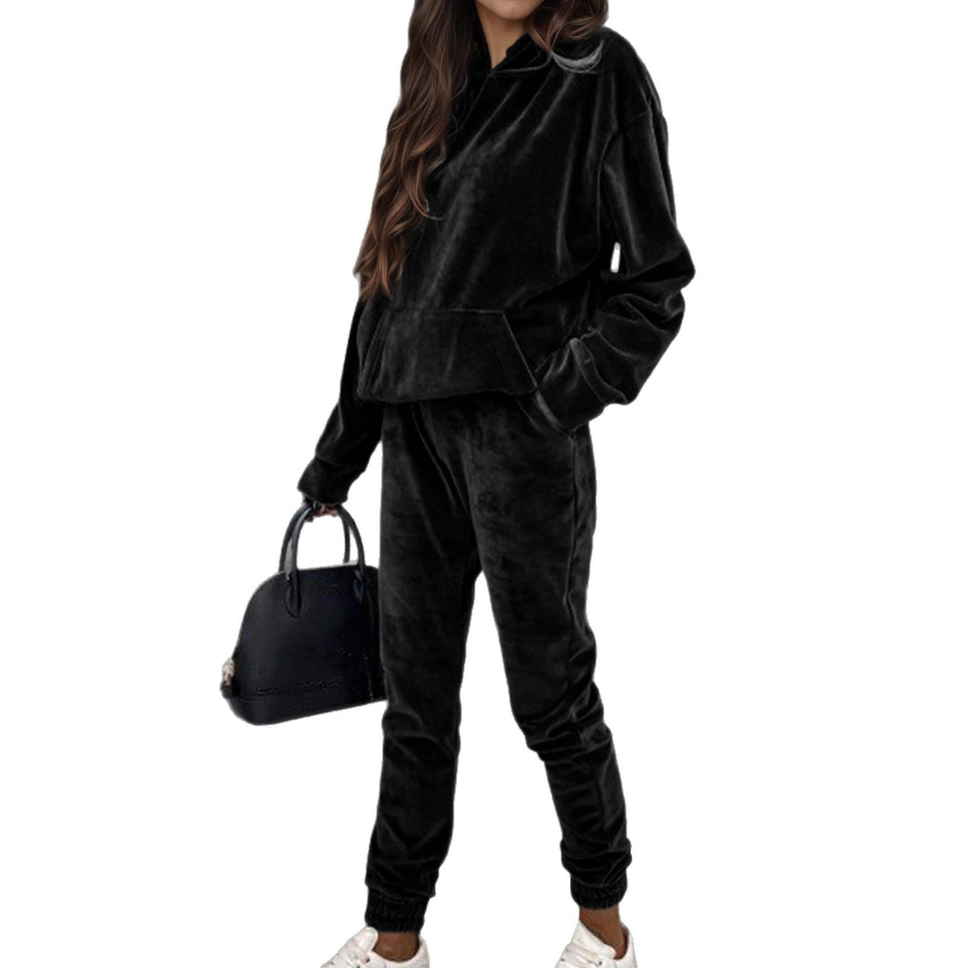 Damen Samt-Jogginganzug mit Kapuzenhoodie, Kängurutasche und elastischer Bündchenhose Drune