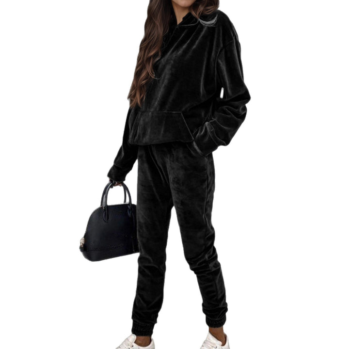 Damen Samt-Jogginganzug mit Kapuzenhoodie, Kängurutasche und elastischer Bündchenhose Drune