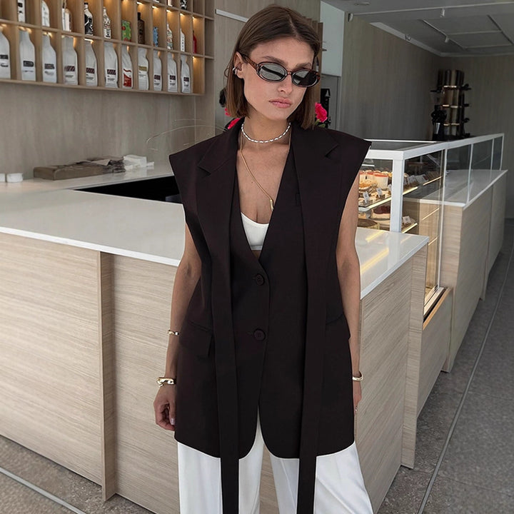 Damen Ärmellose Longblazer-Weste mit strukturierten Schultern und langen Bindebändern Drune