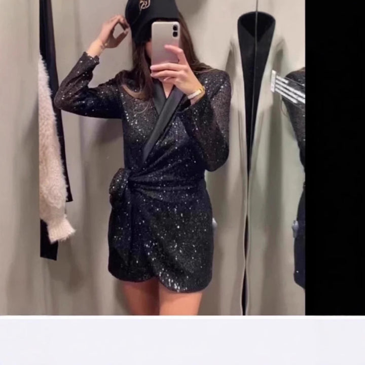 Damen Mini-Wickelkleid mit funkelndem Paillettenbesatz und eleganter Schleifenbindung Drune