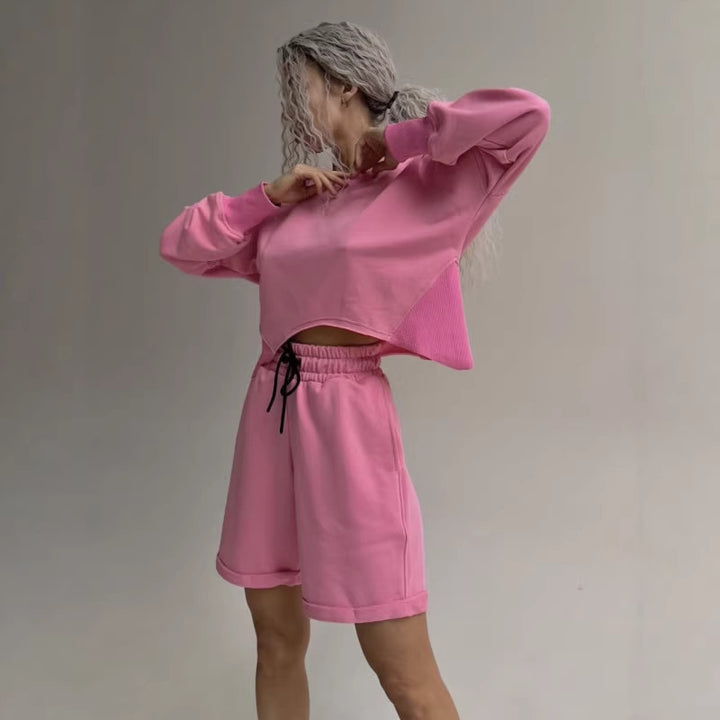 Damen lässiges Sweatshirt- und Shorts-Set mit Kordelzug und farbenfrohem Design